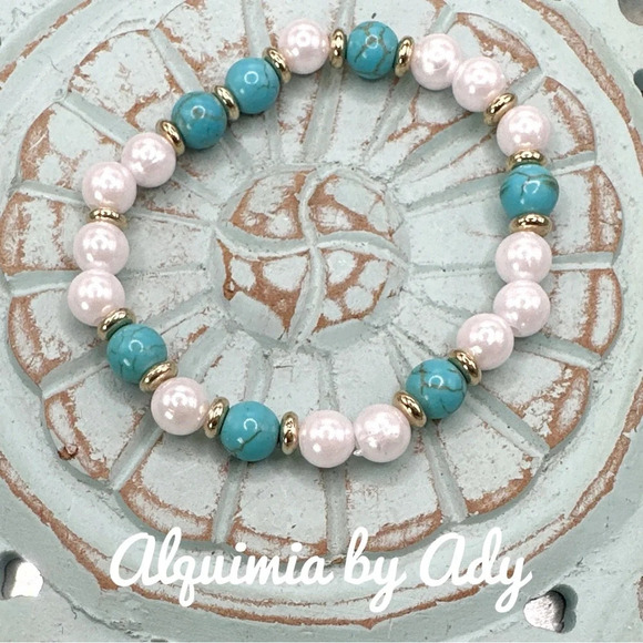 Arizona turquoise faux pearls beaded bracelet 8mm - Picture 1 of 1